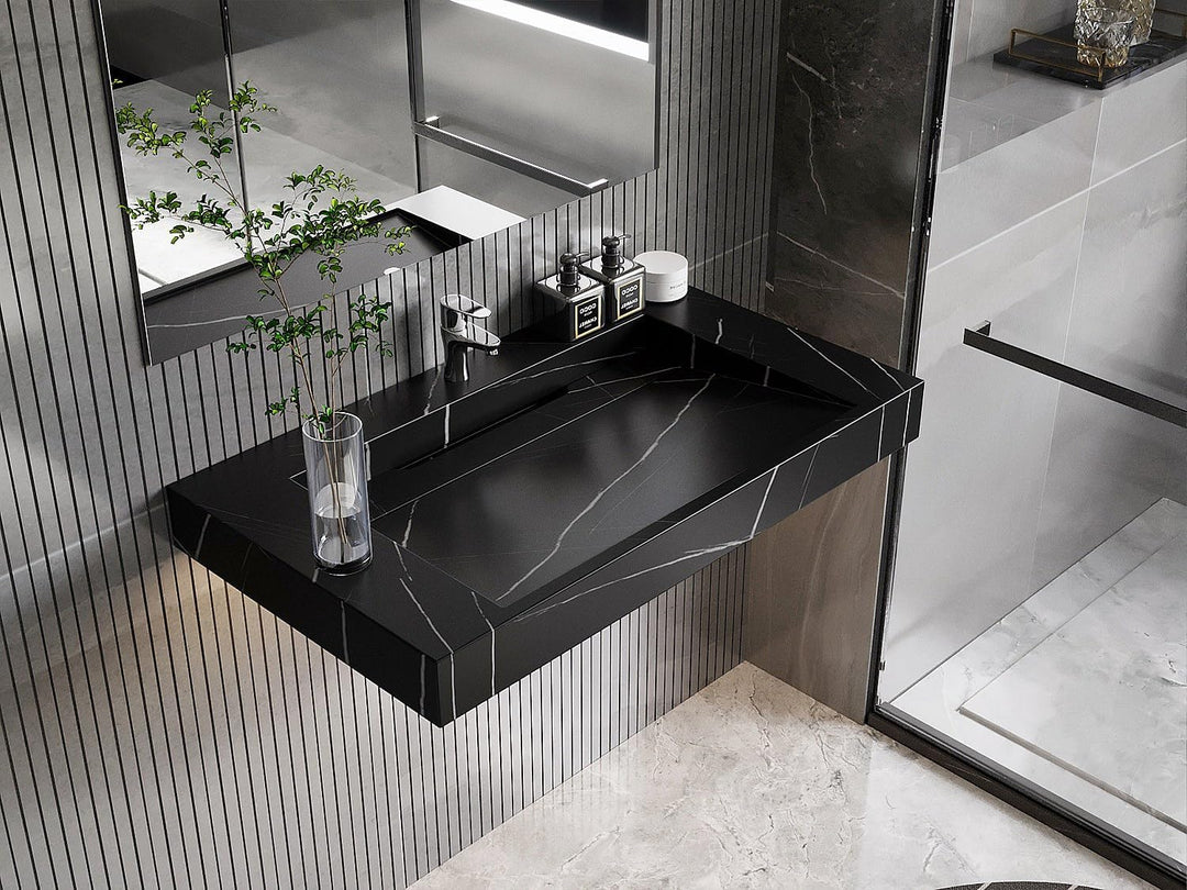 Waschbecken hängend - L90.2 x B45.2 x H8 cm - Schwarz mit Marmor-Optik - TAKOTNA