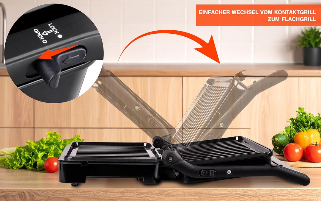 Kontaktgrill 2-in-1 – Kontakt- & Flächengrill mit Temperaturregelung – Antihaftplatten, Edelstahlgeh