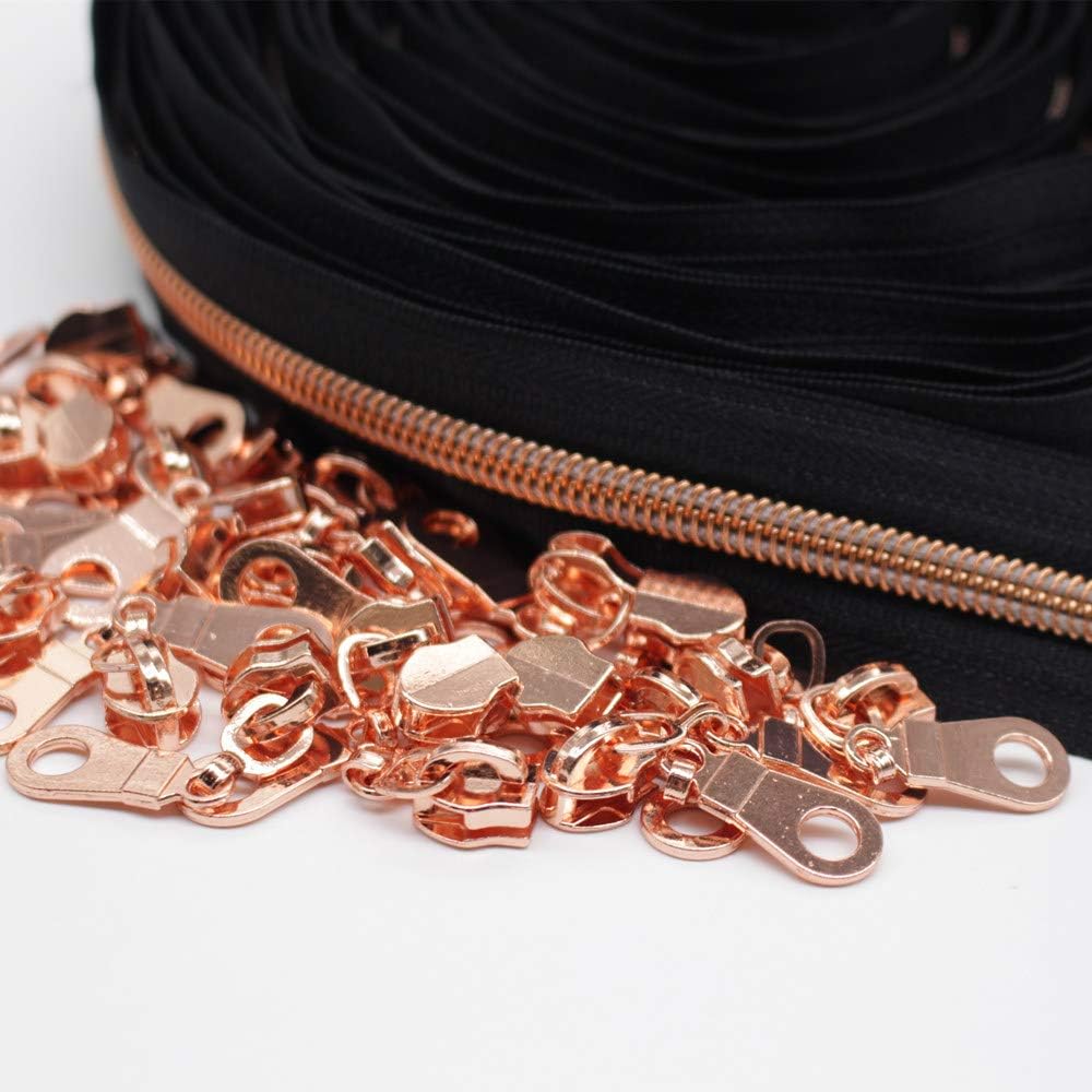 YaHoGa 9 m rosegoldfarbene endlos Reissverschluss Meterware Schwarze Reissverschluss 6mm-Spirale + 2