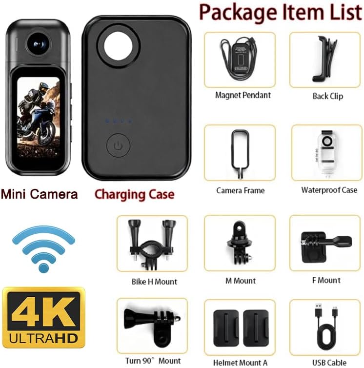 4K Mini Action Kamera WLAN, Daumengrösse mit 1,47” Touchscreen & 180° Drehbarer Linse, Magnetische B