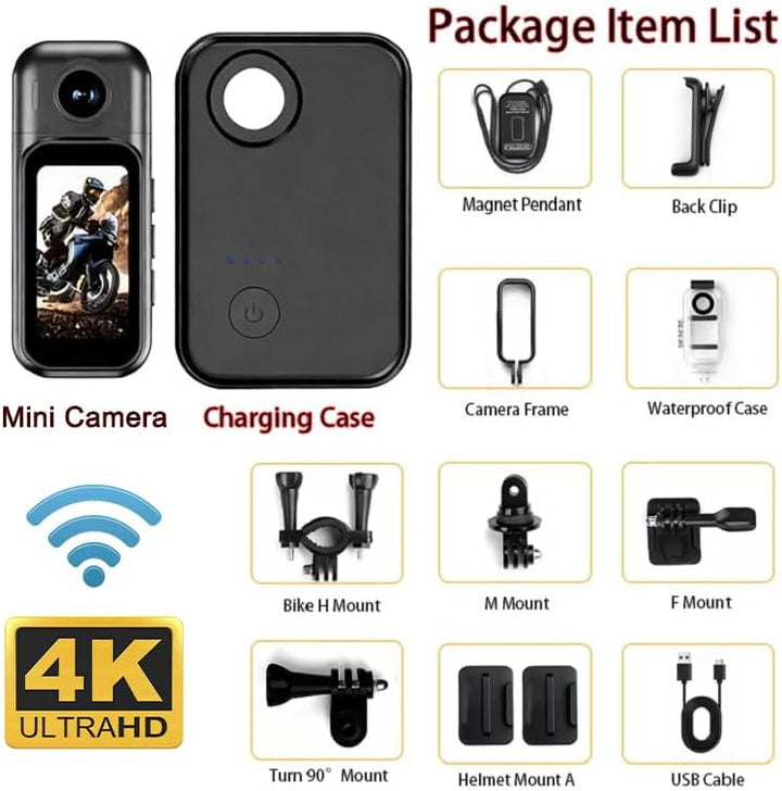 4K Mini Action Kamera WLAN, Daumengrösse mit 1,47” Touchscreen & 180° Drehbarer Linse, Magnetische B