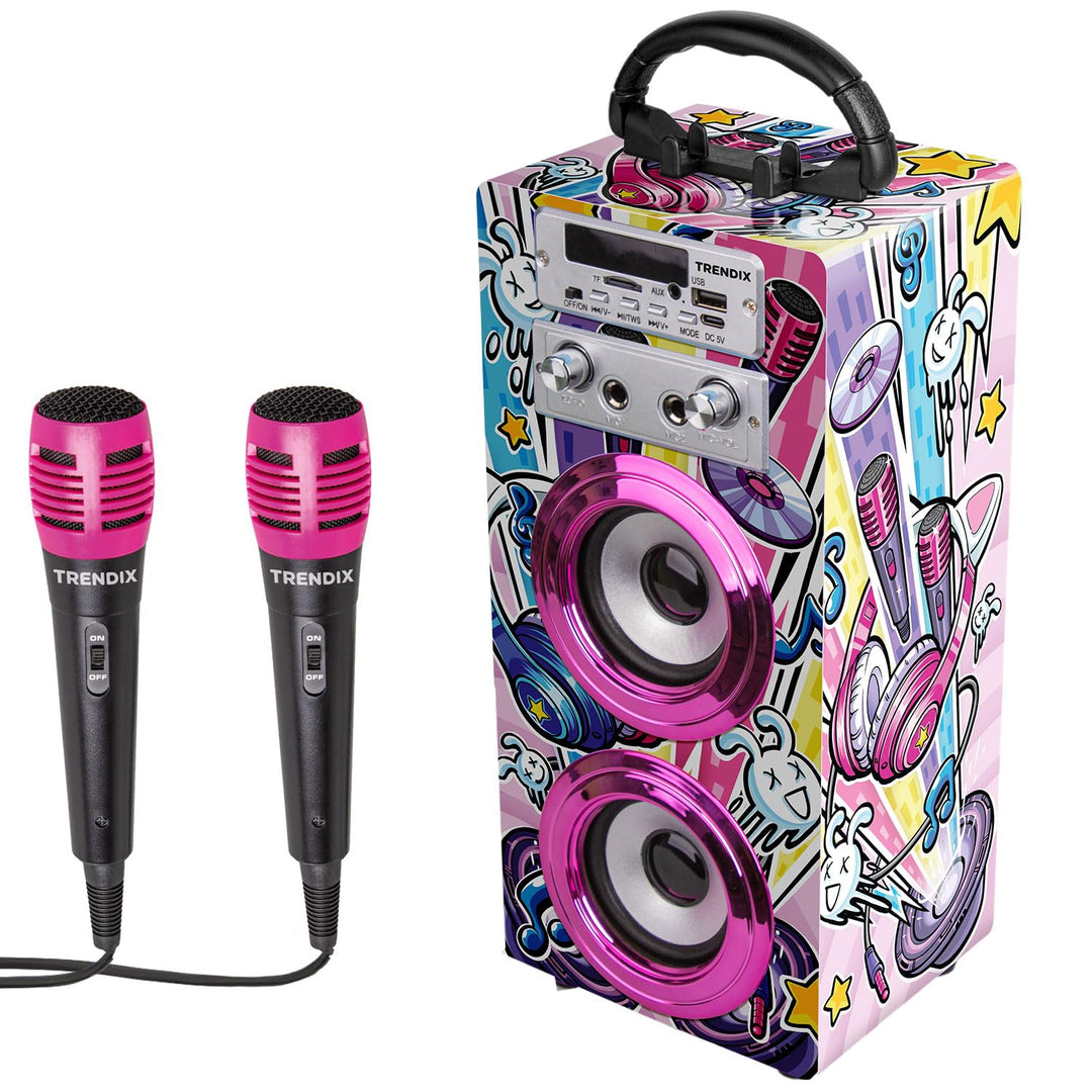 TRENDIX - Karaoke Maschine Kinder | Rosa Karaoke Anlage | Karaoke Anlage mit 2 Mikrofonen, Radio FM,