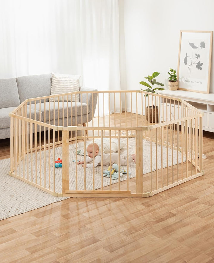 dibea Baby-Laufstall Holz-Laufgitter mit Tür 8 Elemente je 90 x 68, Baby-Laufstall, 90 x 68 cm (8 El