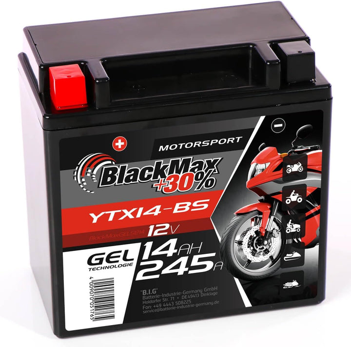 BlackMax YTX14-BS Motorradbatterie GEL 12V 14Ah CTX14-BS 51214 Batterie YTX14-4 14Ah - 220A - YTX14-