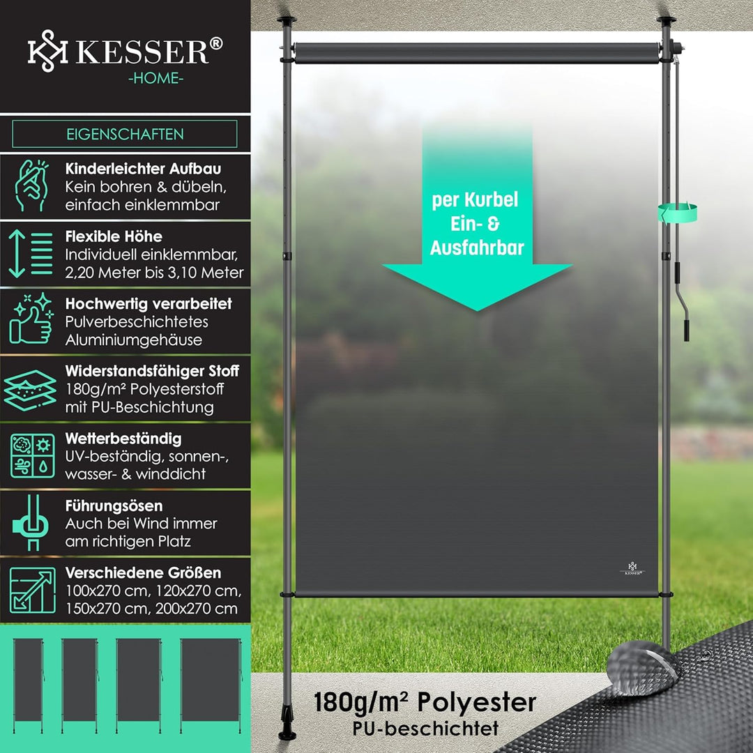 KESSER® Klemmmarkise 200x310 cm, Garten Balkon Sichtschutz wetterfest, Wind- & Sonnenschutz, Senkrec