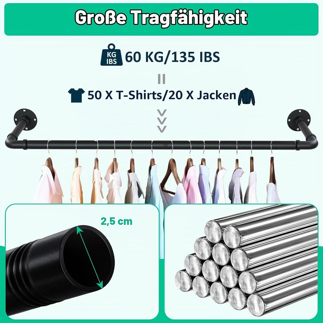 Kleiderstange für die Wand, 119cm Industrierohr Kleiderstangen,Kleiderständer Wandmontage, Industria