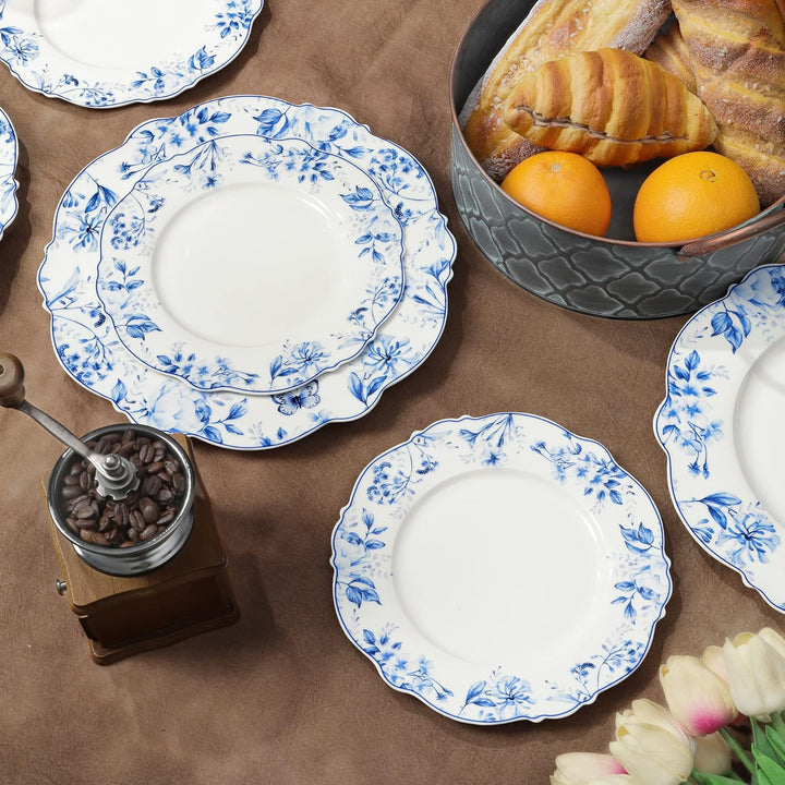 fanquare Keramik Teller 4-er Set, Runde Speiseteller Porzellan Blaues Blumen Muster, Geschirr Teller
