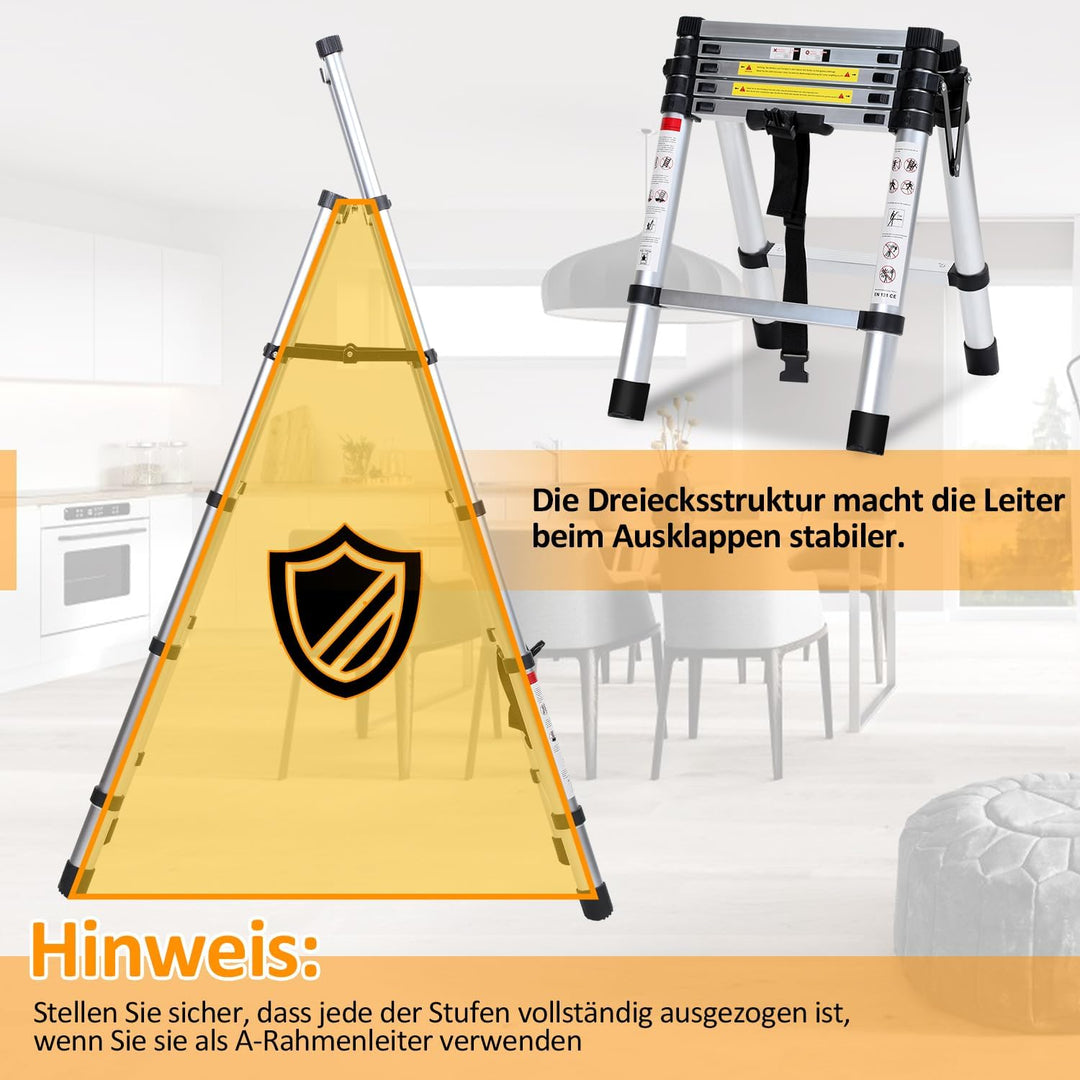 1.7+2M Klappleiter Teleskopleiter, A-Rahmen 5+6 Sprossen Aluminiumleiter, Rutschfester Aluleiter mit
