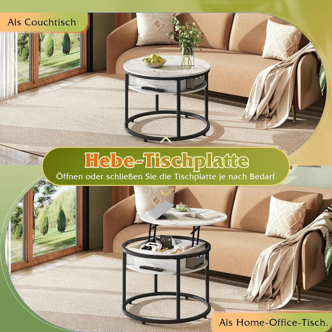WLIVE Couchtisch Rund mit Hebeplatte, Wohnzimmertisch Höhenverstellbar mit Stauraum, 60 x 60 x 50 cm