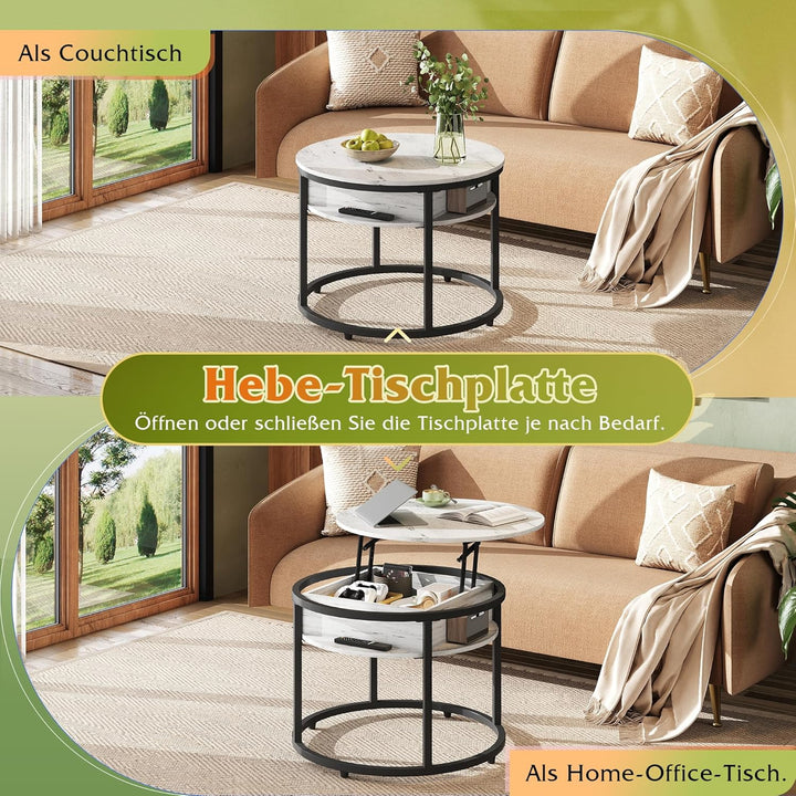 WLIVE Couchtisch Rund mit Hebeplatte, Wohnzimmertisch Höhenverstellbar mit Stauraum, 60 x 60 x 50 cm