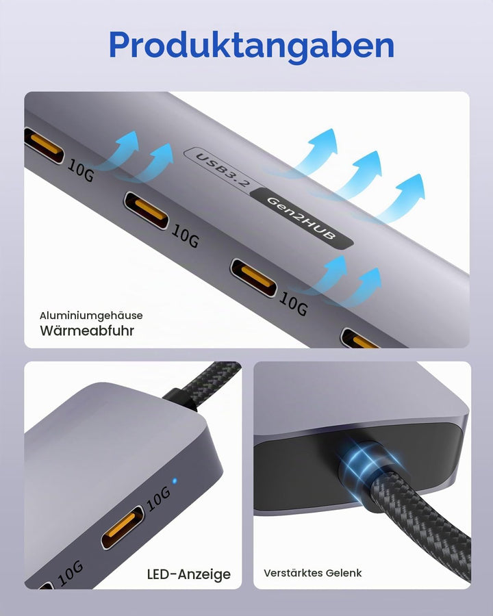 USB C Hub 10 Gbps, 4 IN 1 Adapter mit 4 USB C 3.2 Ports, Hochgeschwindigkeits Multiport Adapter für