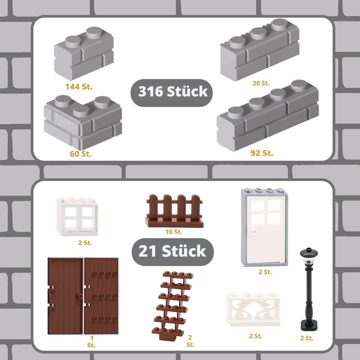 Cabeeskii 337 Stück Bausteine, Masonry Profile Bricks, Enthält Steine Fenster Türen Zäune Sets zubeh