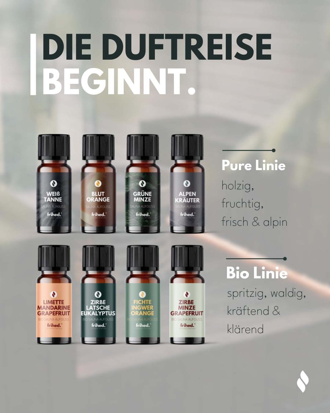 frihed.® Saunaaufguss Duftreise Probierpaket - Hochkonzentrierte Öle - 16x verschiedene Düfte - Gesc