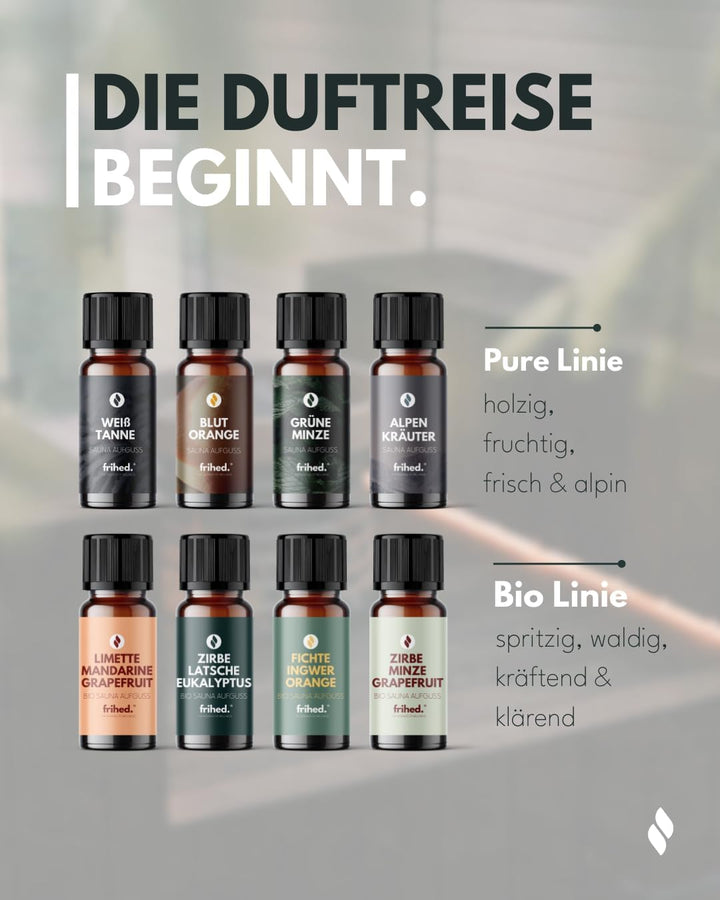 frihed.® Saunaaufguss Duftreise Probierpaket - Hochkonzentrierte Öle - 16x verschiedene Düfte - Gesc