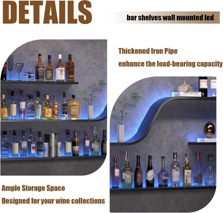 150cm Wand Weinregal mit LED Beleuchtung, Moderne geschwungene schwebende Bar Regal, Wandmontage Win