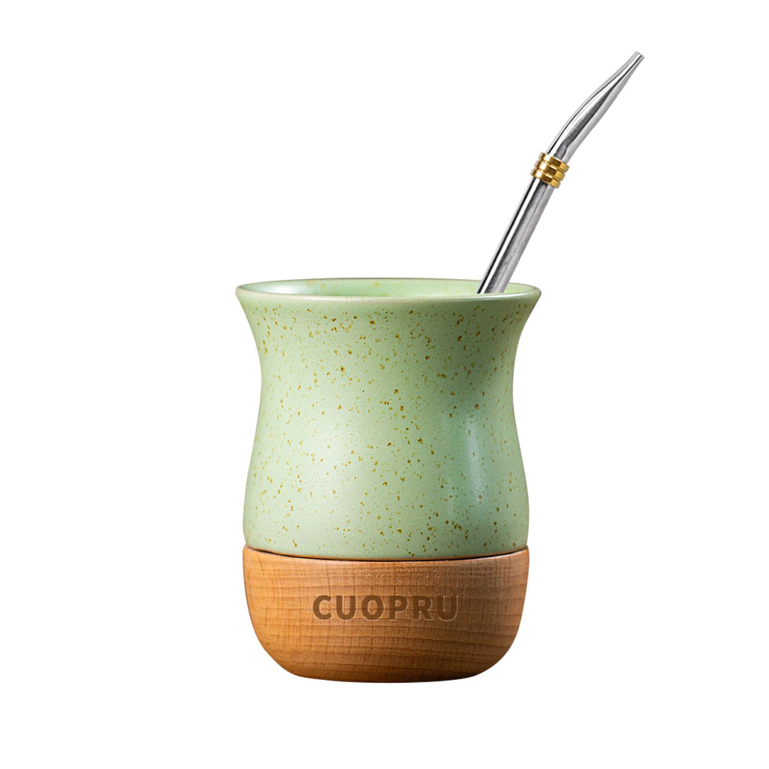 Cuopru Yerba Mate Keramiktasse mit originalem Holzsockel, 237 ml, inklusive Mate-Kürbis, Bombilla-St