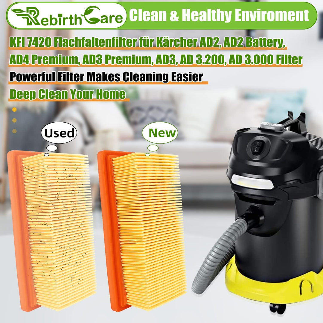 Rebirthcare 2 Stück KFI 7420 Flachfaltenfilter für Kärcher AD2, AD2 Battery, AD4 Premium, AD3 Premiu
