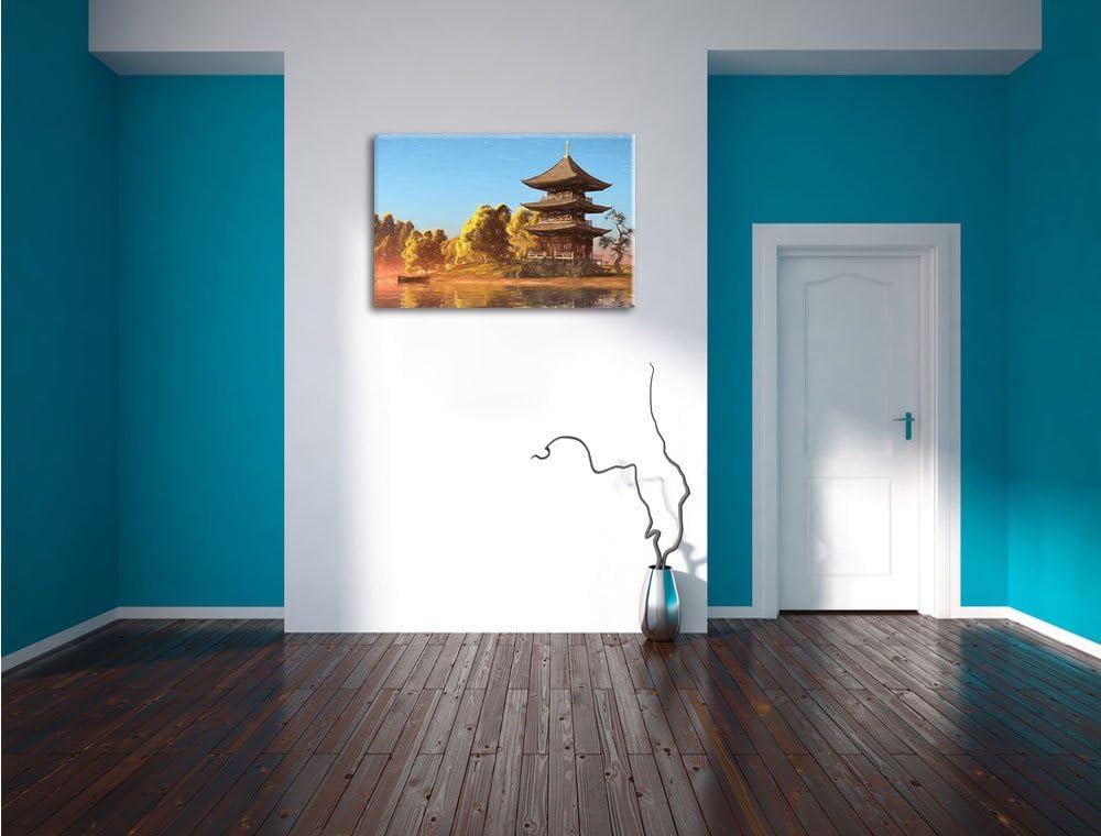 Pixxprint prachtvoller asiatischer Tempel an See Kunst Buntstift Effekt, Format: 100x70 auf Leinwand
