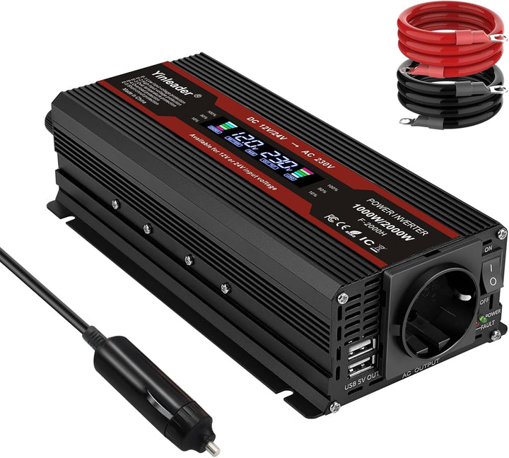 Yinleader 12V/24V auf 230V 2000W Wechselrichter LCD-Display Spannungswandler mit 1 DE Steckdose 2 US