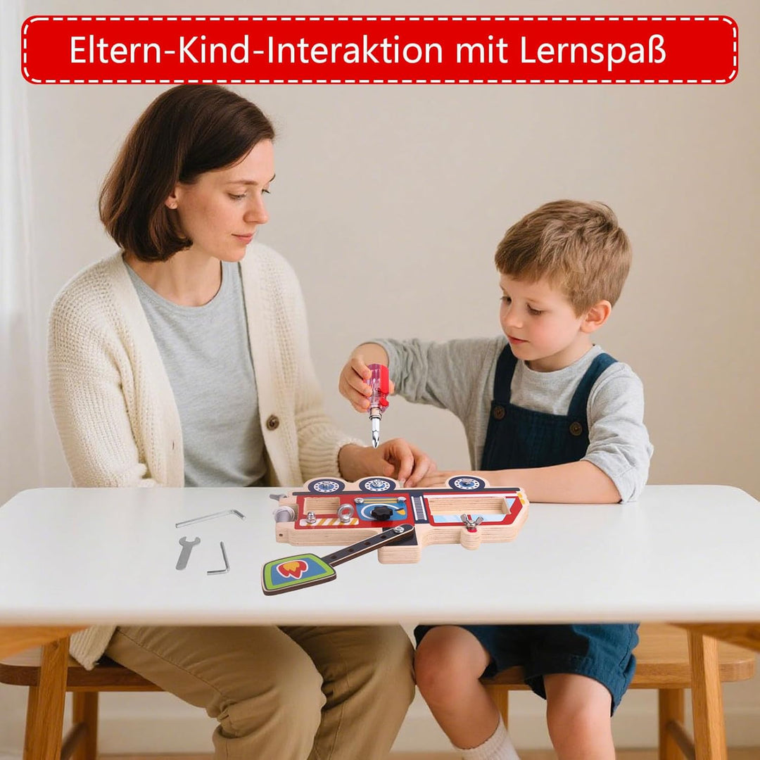 Feuerwehrauto Holzspielzeug mit Schrauben und Werkzeug - Montessori Lernspielzeug ab 3 Jahre - Motor
