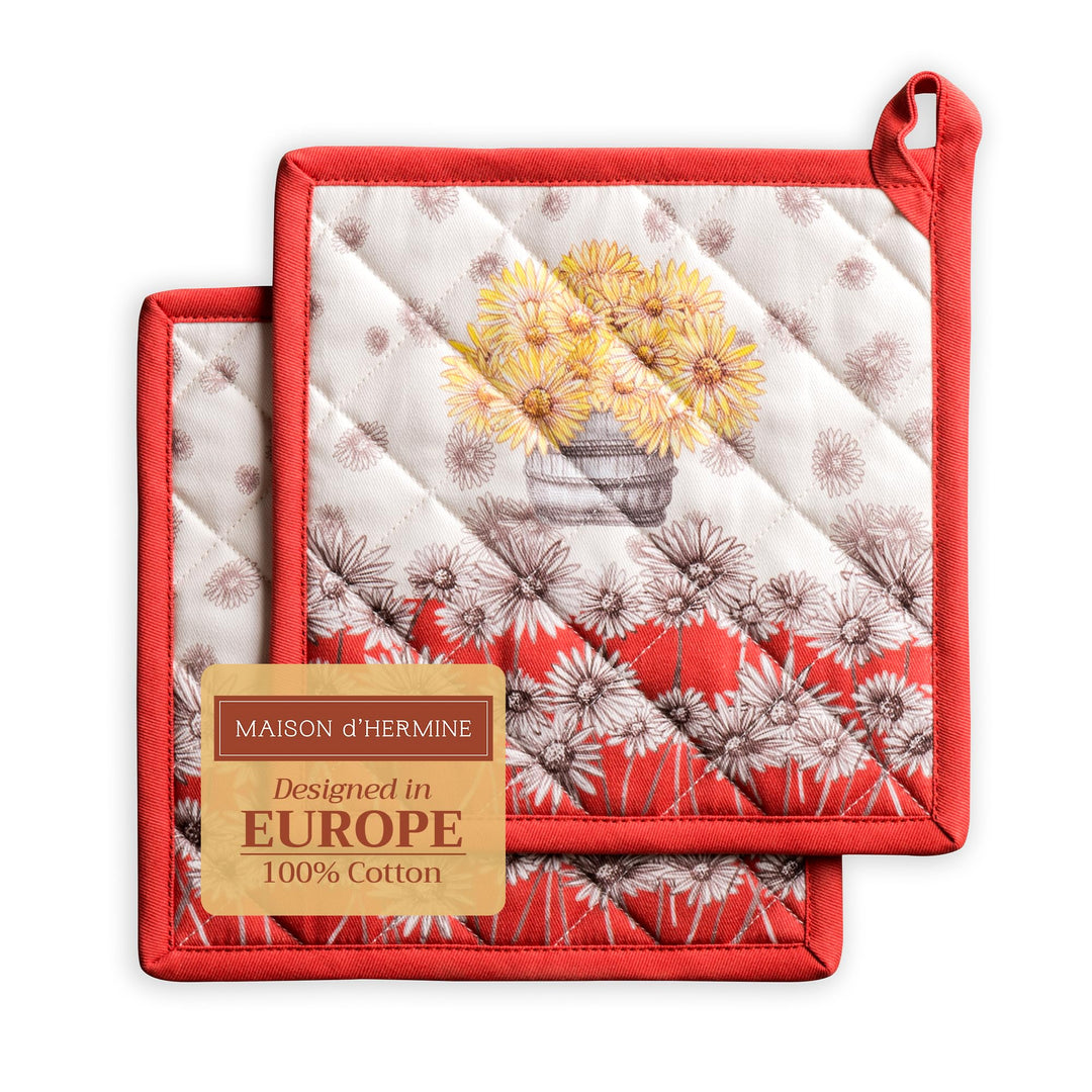 Maison d' Hermine Hot Pads Set mit 2 Topfhaltern aus 100% Baumwolle mit Schleife, (20cm x 20cm) Topf