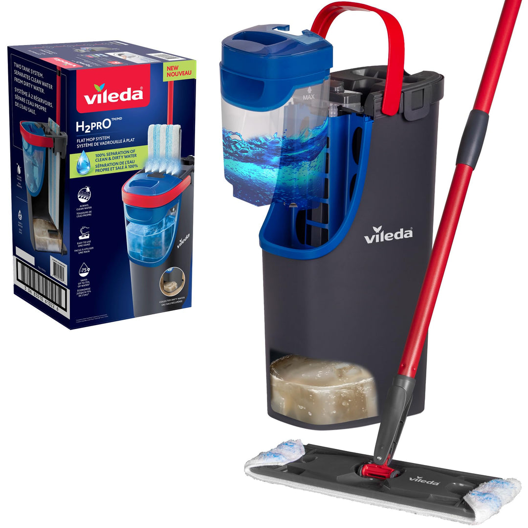Vileda H2prO Flaches Wischmopp- und Eimer-Set, 100% sauberes und schmutziges Wasser, Wandmopp, Boden