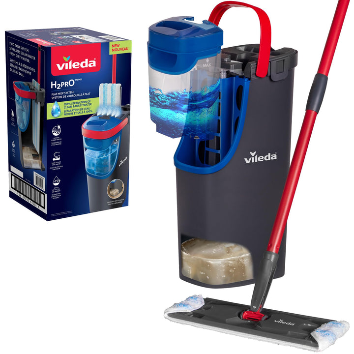 Vileda H2prO Flaches Wischmopp- und Eimer-Set, 100% sauberes und schmutziges Wasser, Wandmopp, Boden