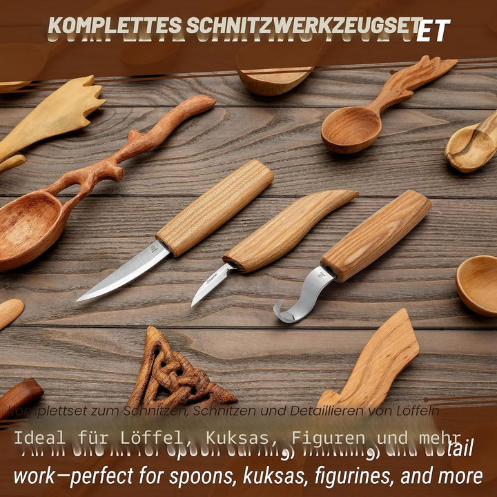 BeaverCraft S13L Holzschnitzerei Werkzeuge Set für Löffelschnitzen 3 Messer in Werkzeugsrolle Abzieh
