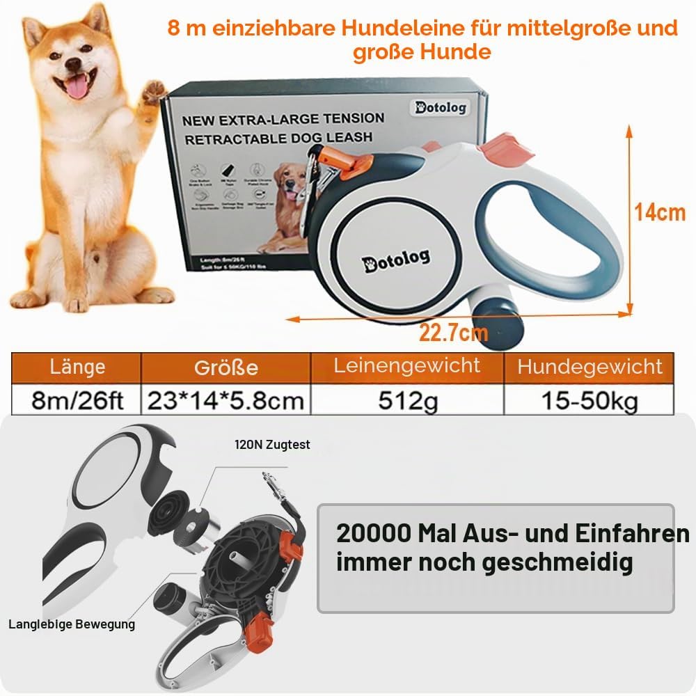 Hundeleine einziehbar 8m, Rollleinen für Hunde Einziehbares Zugseil, Ausziehbare Hundeleine für mitt