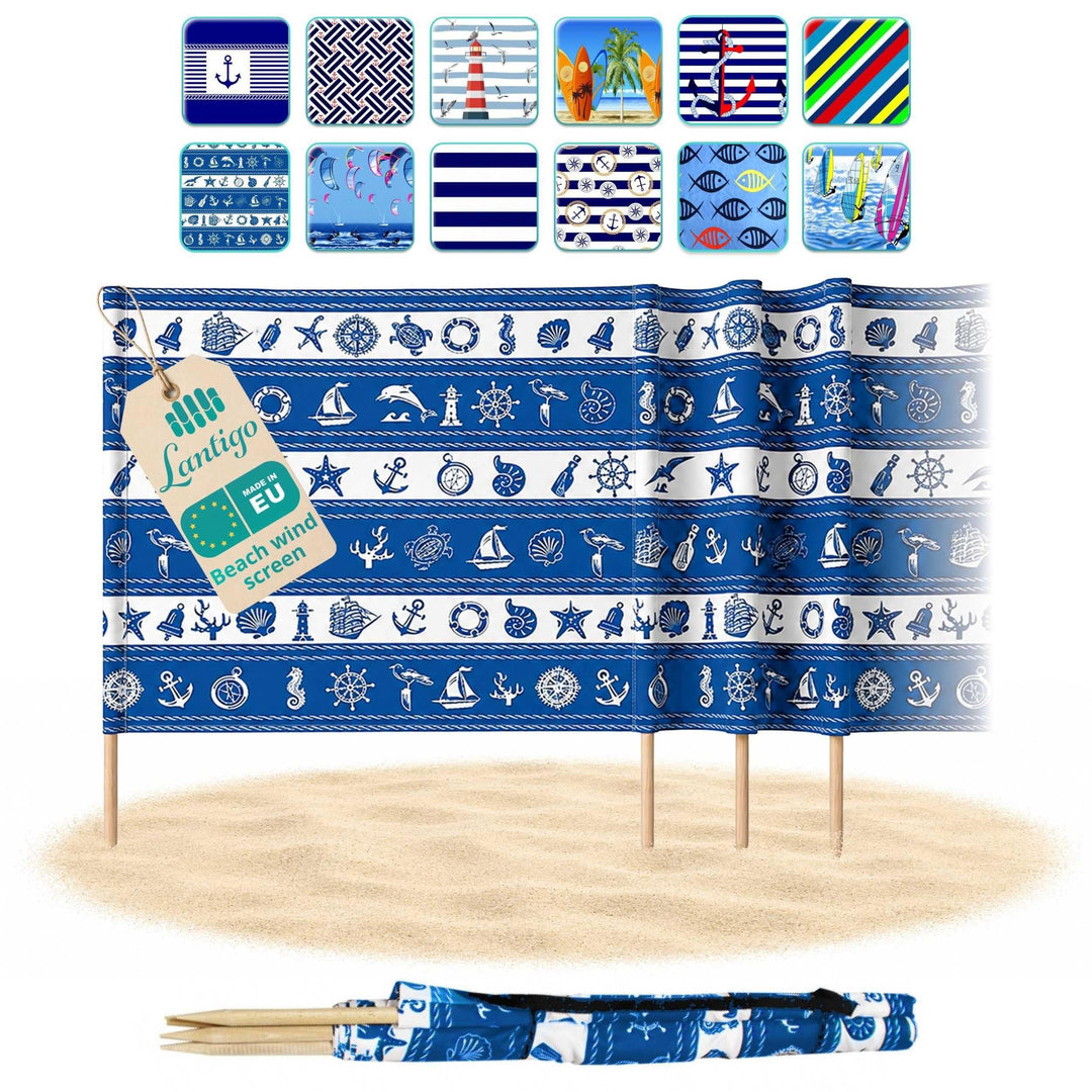 Strandparavent Mikrofaser | Windschutz 80cm | Marine Muscheln 12m | Robuste Holzstäbe | Vernäht | Ho