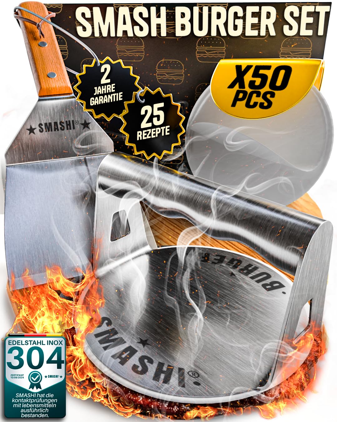 SMASHI® Smash Burger Set Professionell aus Edelstahl 304 – EU-Zertifiziert für Lebensmittelkontakt |