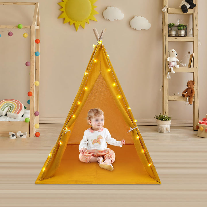Tipi Zelt für Kinder, Spielzelt Kinder mit weicher Matte & Lichterkette, 1,4m hohes Kinderzelt aus B