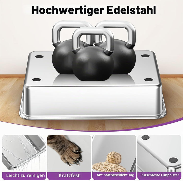 Edelstahl Offene Katzentoilette – extra grosse Katzentoilette mit hohen Seitenwänden für grosse Katz