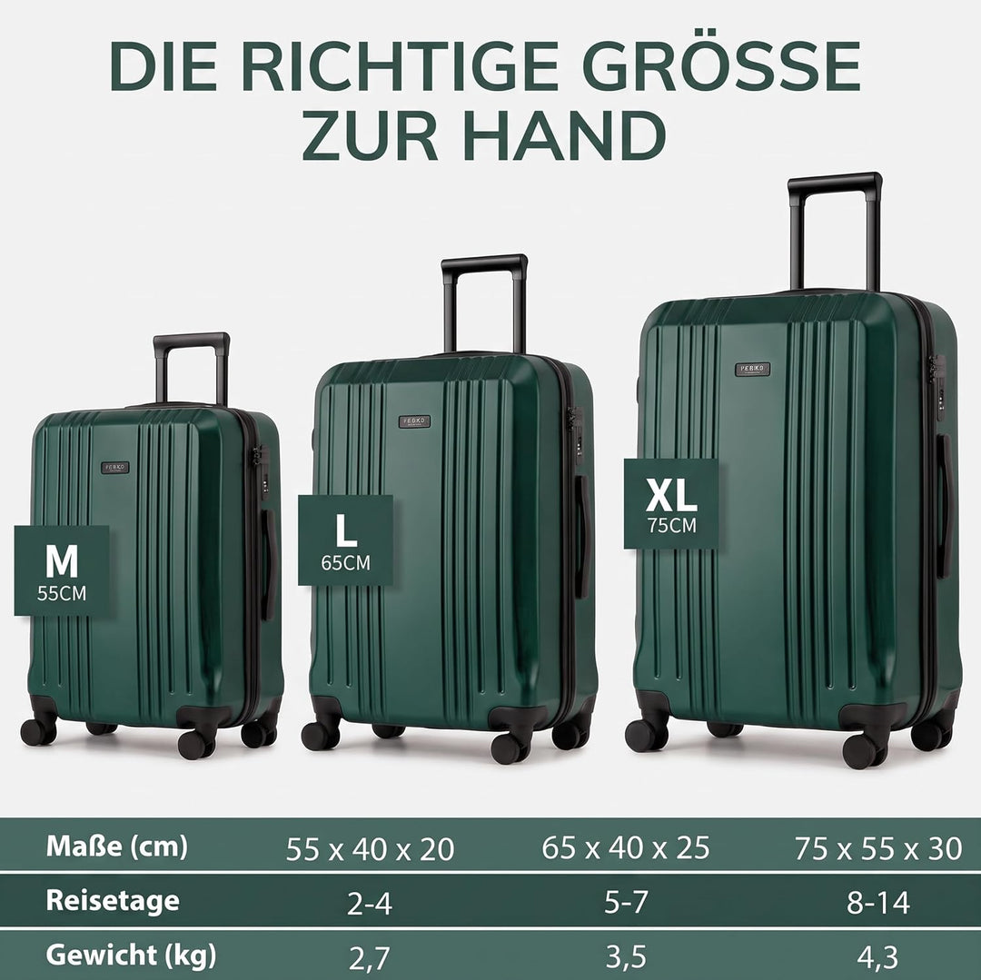 FERGÉ 3er Kofferset Hartschale Gepäckset mit 4 Doppelrollen &amp; TSA Schloss Smaragd, Smaragd