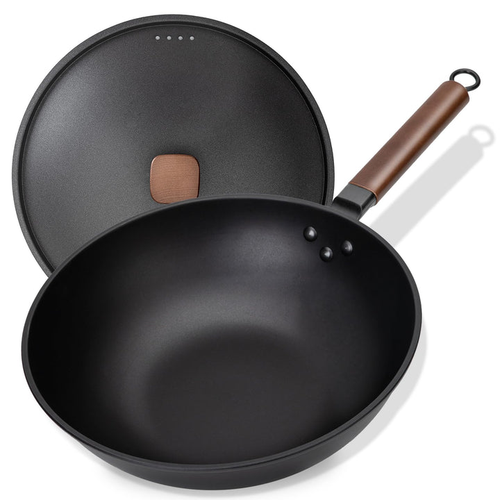 Jobin 33cm/5,6L Wokpfanne mit Eisendeckel Wok aus Kohlenstoffstahl Ohne Chemische Beschichtung und z