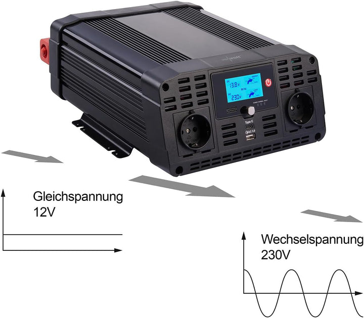 revolt Sinus Wechselrichter: 12-V-Wechselrichter auf 230 Volt, USB-A und -C, 1.500 Watt, Sinuswelle