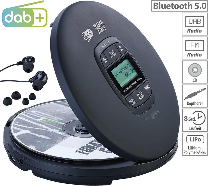 auvisio CD Spieler: Tragbarer CD-Player, DAB+ Radio, Bluetooth, Akku, Ohrhörer, Anti-Shock (CD Playe