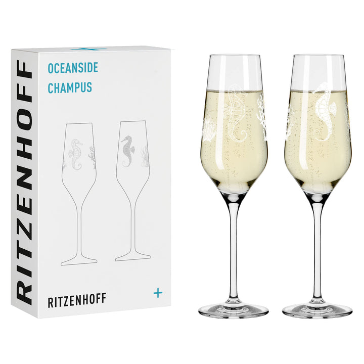 RITZENHOFF 3851001 Champagnerglas 250 ml – 2er Set Serie Oceanside Nr. 1 – 2 Stück, Seepferdchen-Mot