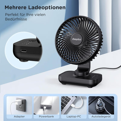 EasyAcc Tischventilator Batterie USB Ventilator 4000 Akku Klein Tragbarer 4 Geschwindigkeiten Ventil