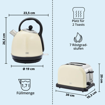 KHG Retro Frühstücksset | Toaster 2 Scheiben mit Brötchenaufsatz, 7 Bräunungsstufen 850W | Wasserkoc