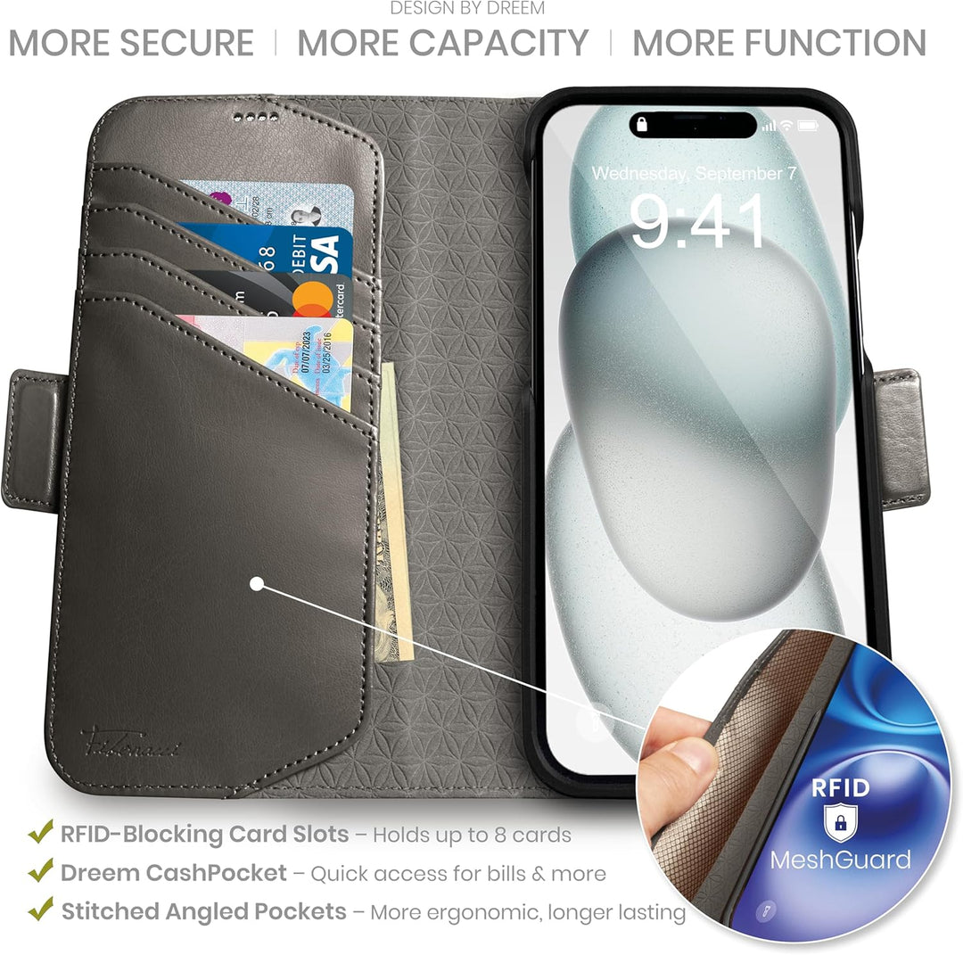 Dreem Fibonacci iPhone 15 Plus Brieftaschen-Etui / 2-in-1 stossfestes Etui und abnehmbares Folio aus