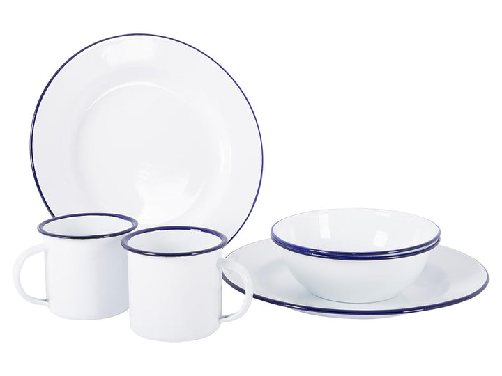 Bo-Camp Emaille Geschirr-Set, 6-teilig, weiss/blau