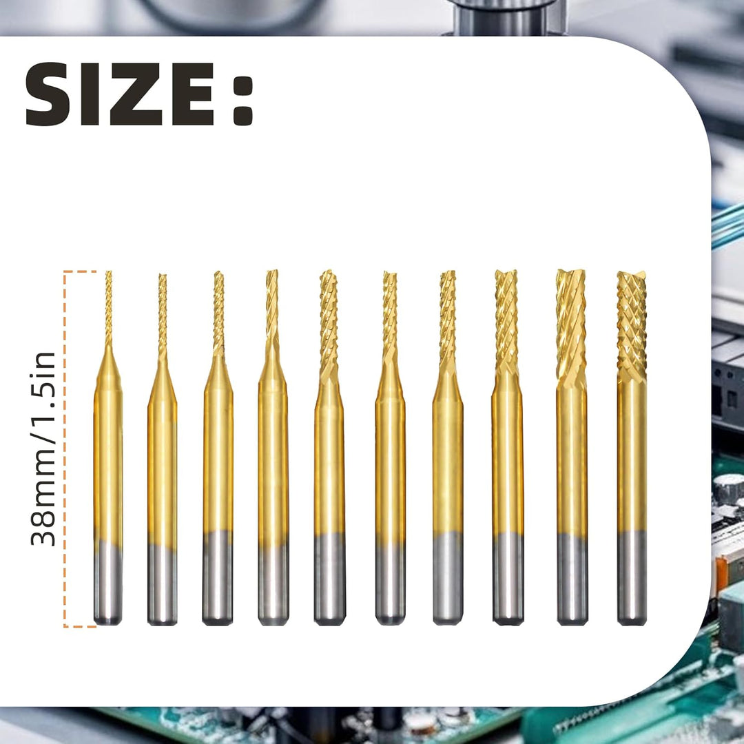 10 Stück Hartmetall Schaftfräser, Titan Beschichtete CNC Fräser Gravur Bits Carving Drill Werkzeuge,