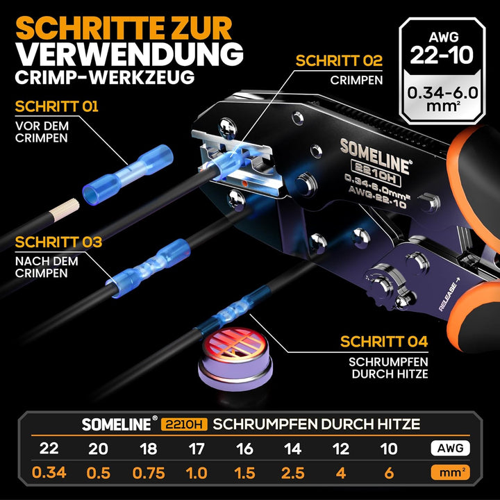 Crimpzange Stossverbinder Set,Stossverbinder zange 0,34-6 mm²,100 stück Stossverbinder mit Schrumpfs