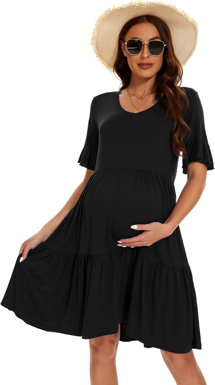 Smallshow Damen Umstandskleid Kurzarm Sommer Schwangerschafts Umstandsmode Kleid M Schwarz, M Schwar