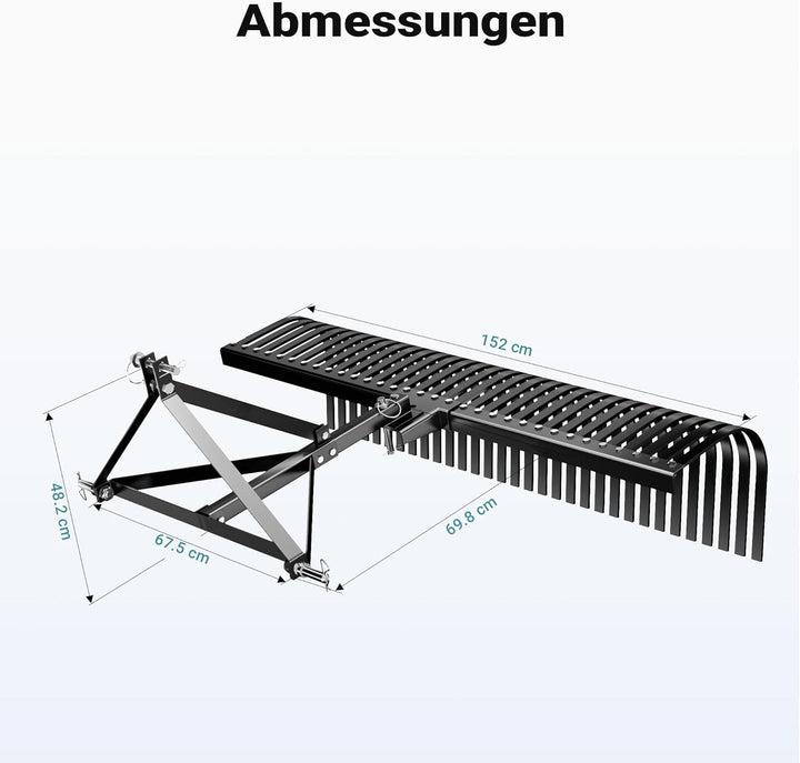 Wiltec Rasentraktor Heuharke mit 152 cm Arbeitsbreite, Heurechen mit 32 Harkenzinken, Rechen mit 3-P