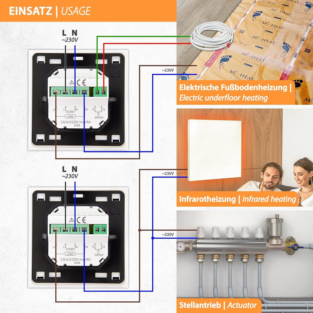 Digital Thermostat C16, Unterputz Regler Raumthermostat Thermostat für elektrische