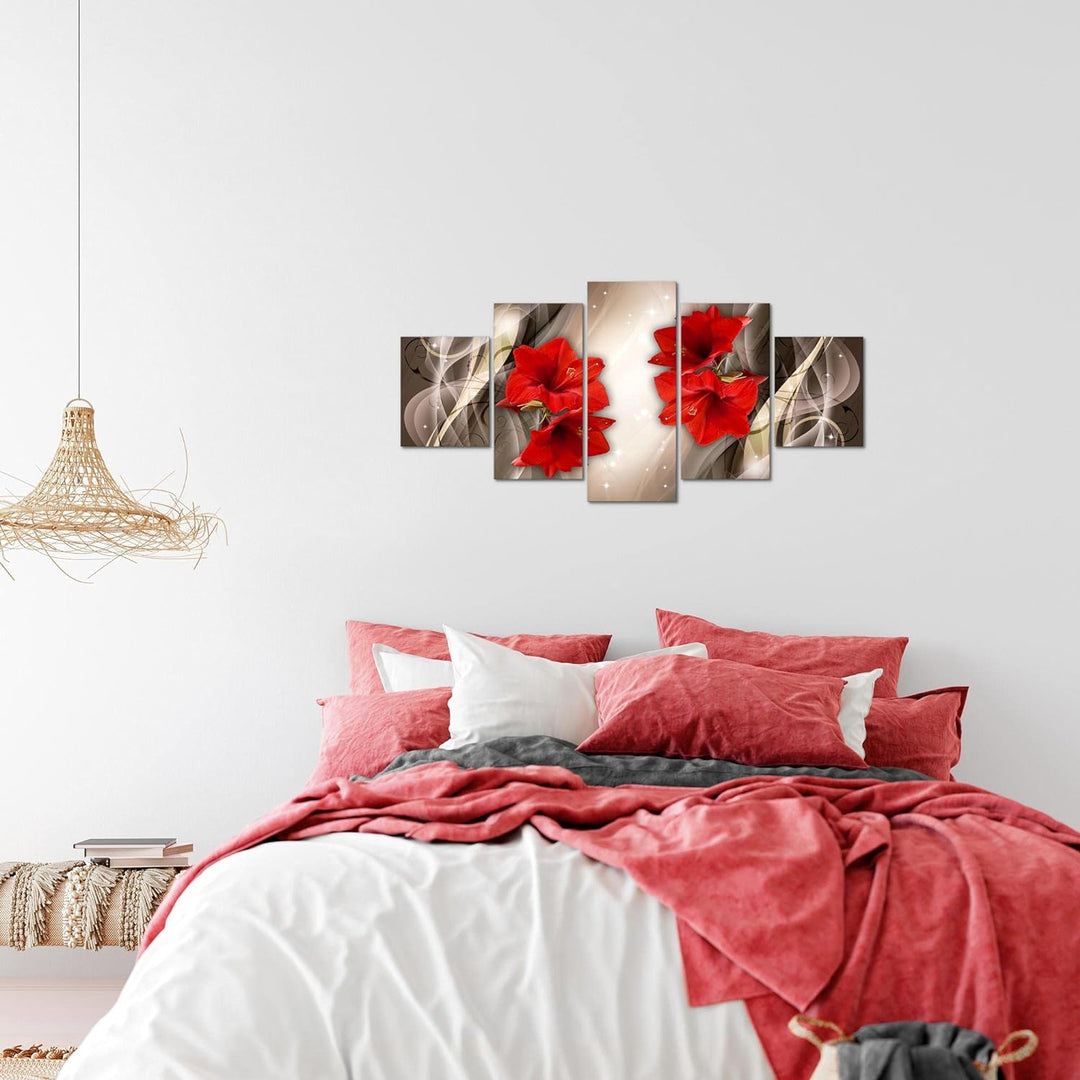 Runa Art Wandbilder Blumen Lilien 5 Teilig Bild auf Vlies Leinwand Deko Wohnzimmer Abstrakt Rot Beig