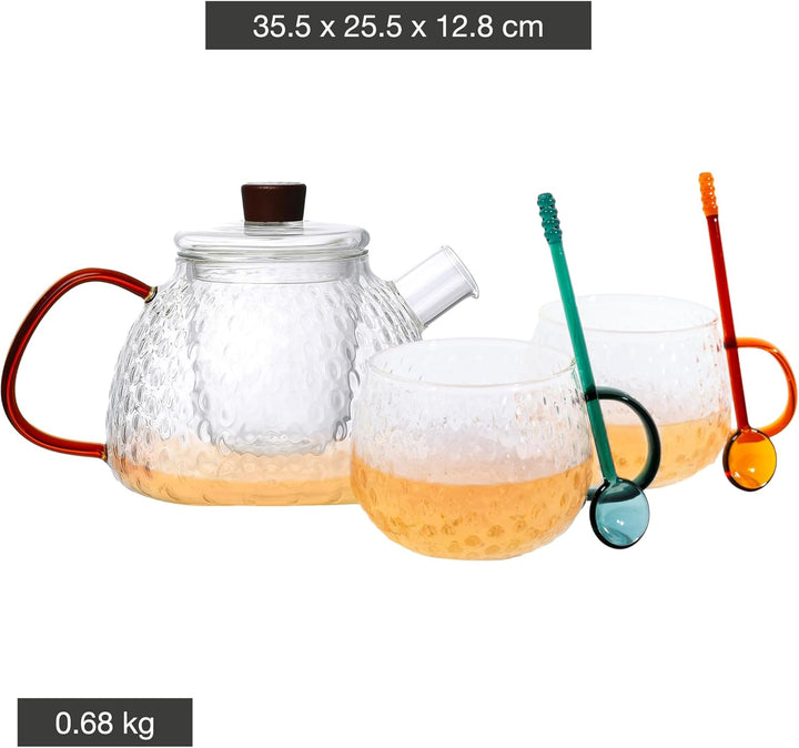 Point-Virgule Teekanne Set mit Filter, 2 Tassen und Löffeln aus Borosilikatglas