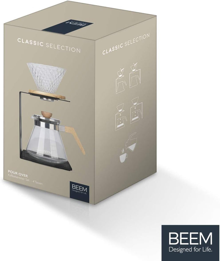BEEM POUR OVER Kaffeebereiter Set - 4 Tassen | Glas-Handfilter in Diamantoptik (Grösse 2), 0,5 l Gla